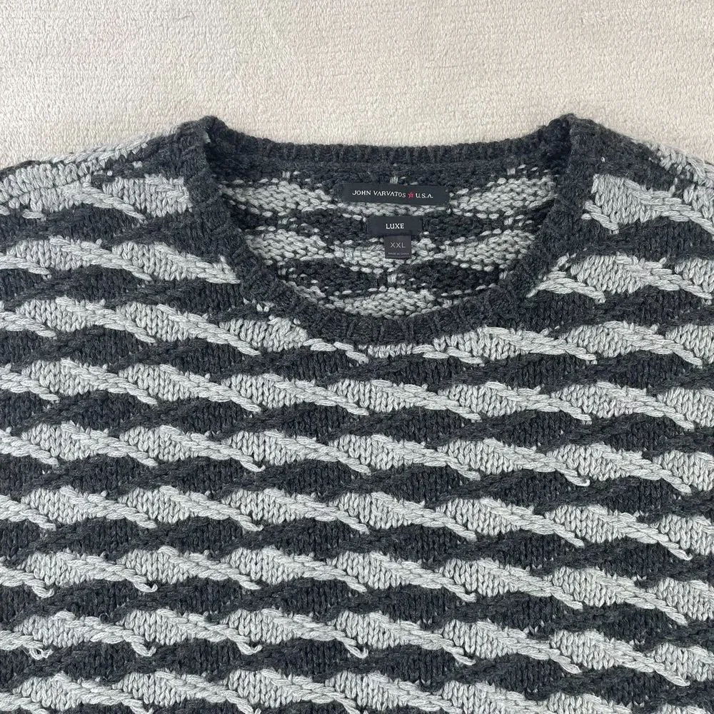 John Varvatos Luxe Sweater Men 2XL Grey Black Wool Cashmere‎ Knit Long Sleeve